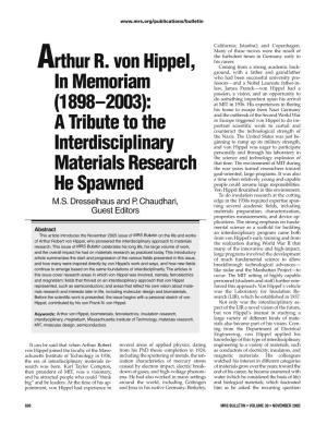 Arthur R. Von Hippel, in Memoriam (1898–2003): a Tribute to The