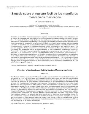 Síntesis Sobre El Registro Fósil De Los Mamíferos Mesozoicos Mexicanos