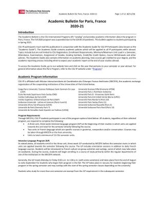 Academic Bulletin for Paris, France 2020-21