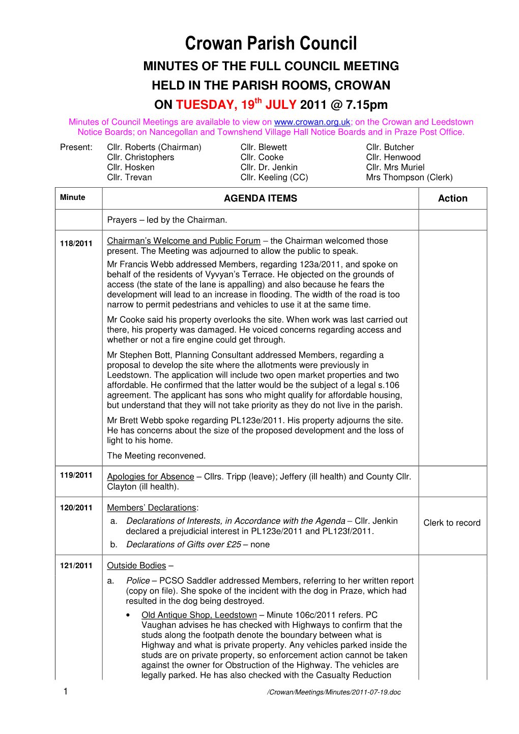 Crowan Minutes 2011-07-19