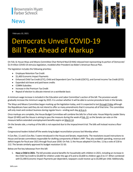 Democrats Unveil COVID-19 Bill Text Ahead of Markup