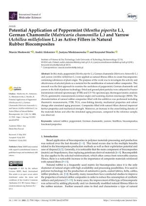Potential Application of Peppermint (Mentha Piperita L.), German Chamomile (Matricaria Chamomilla L.) and Yarrow (Achillea Mille