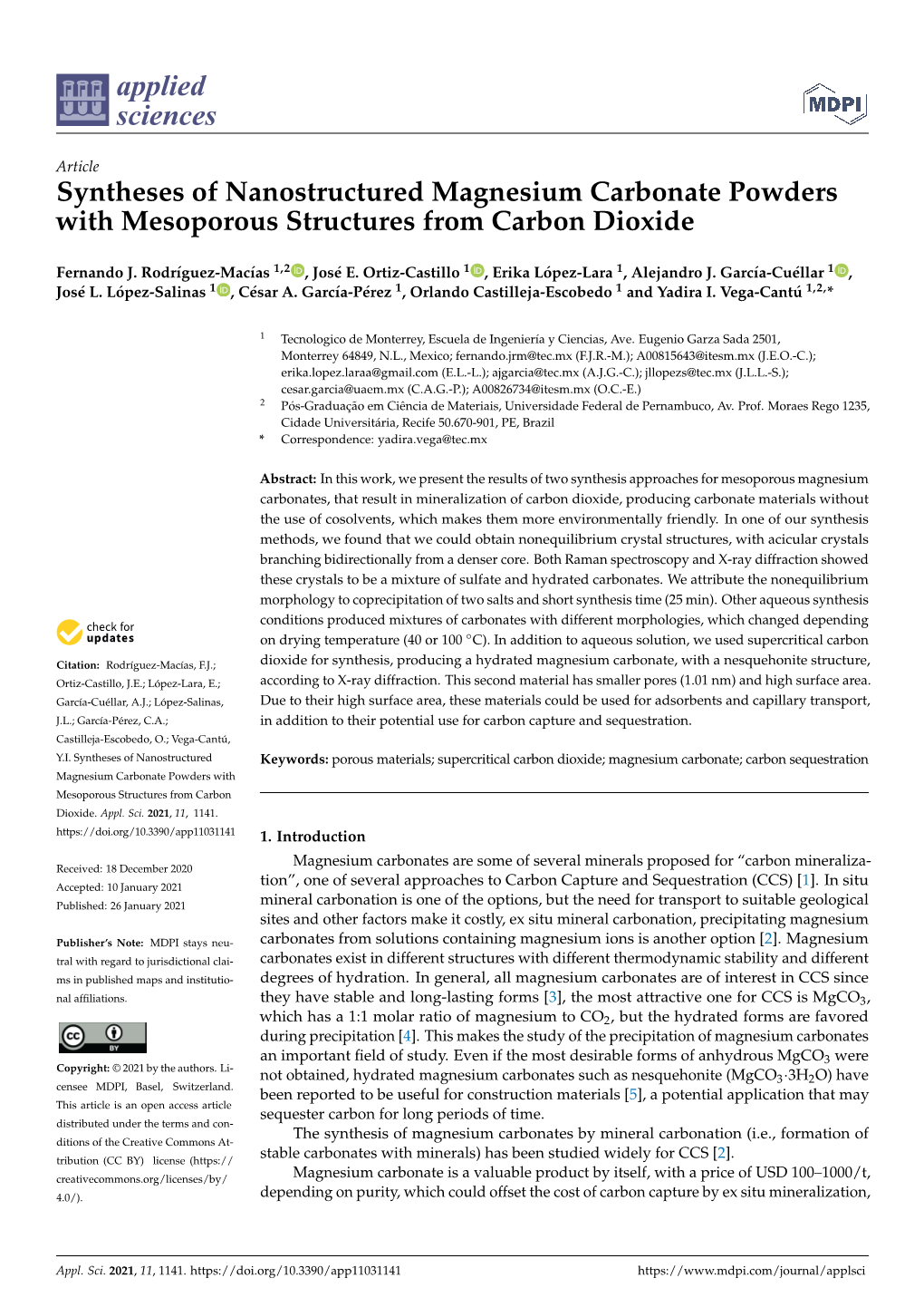 Syntheses of Nanostructured Magnesium Carbonate Powders with Mesoporous Structures from Carbon Dioxide