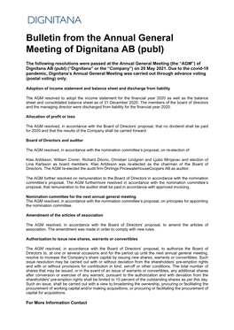 Bulletin from the Annual General Meeting of Dignitana AB (Publ)