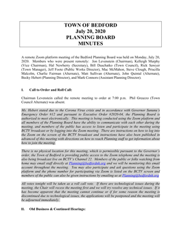 TOWN of BEDFORD July 20, 2020 PLANNING BOARD MINUTES