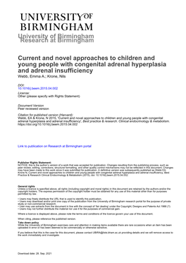 Current and Novel Approaches to Children and Young People with Congenital Adrenal Hyperplasia and Adrenal Insufficiency Webb, Emma A.; Krone, Nils