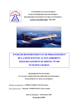 Etude De Renforcement Et De Prolongement De La Piste D’Envol 14 /32 D’Amborovy Pour Degagement Du Boeing 747-400 En Pleine Charge