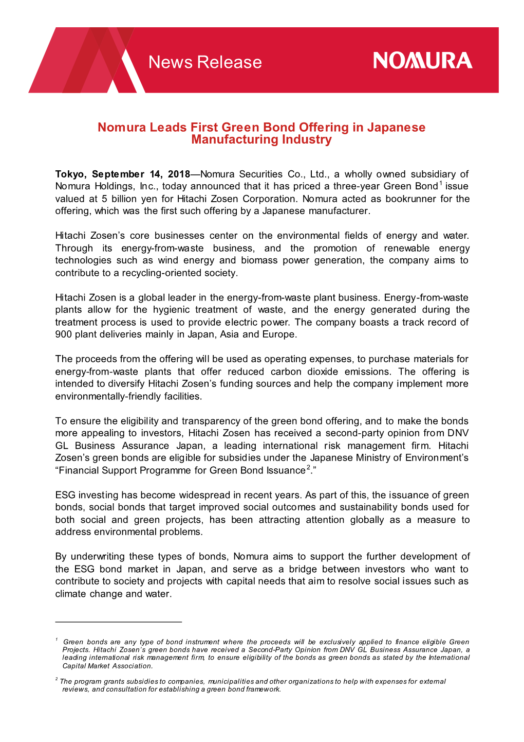 Nomura Leads First Green Bond Offering in Japanese Manufacturing Industry