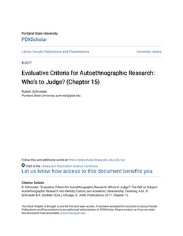 Evaluative Criteria for Autoethnographic Research: Who’S to Judge? (Chapter 15)