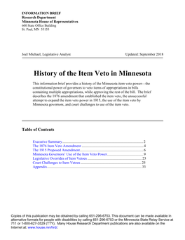 History of the Item Veto in Minnesota