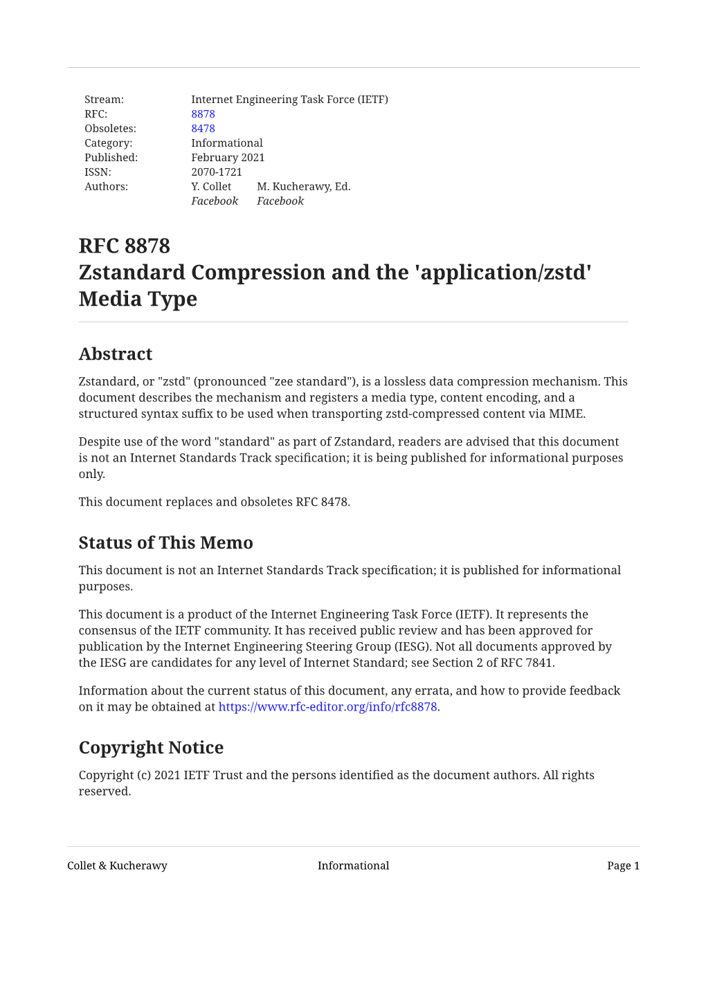 RFC 8878: Zstandard Compression and the 'Application/Zstd'