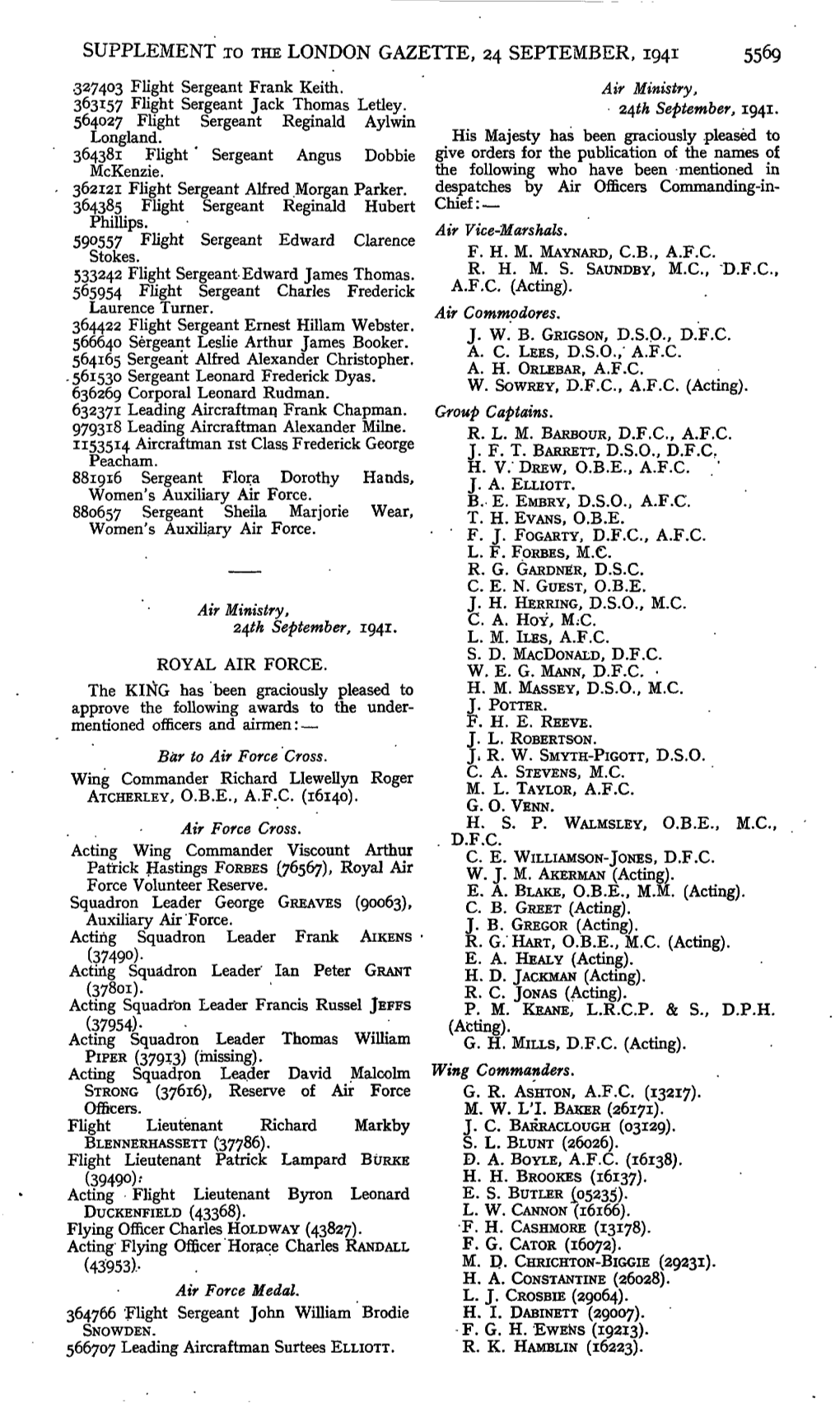 SUPPLEMENT to the LONDON GAZETTE, 24 SEPTEMBER, 1941 5569 327403 Flight Sergeant Frank Keith