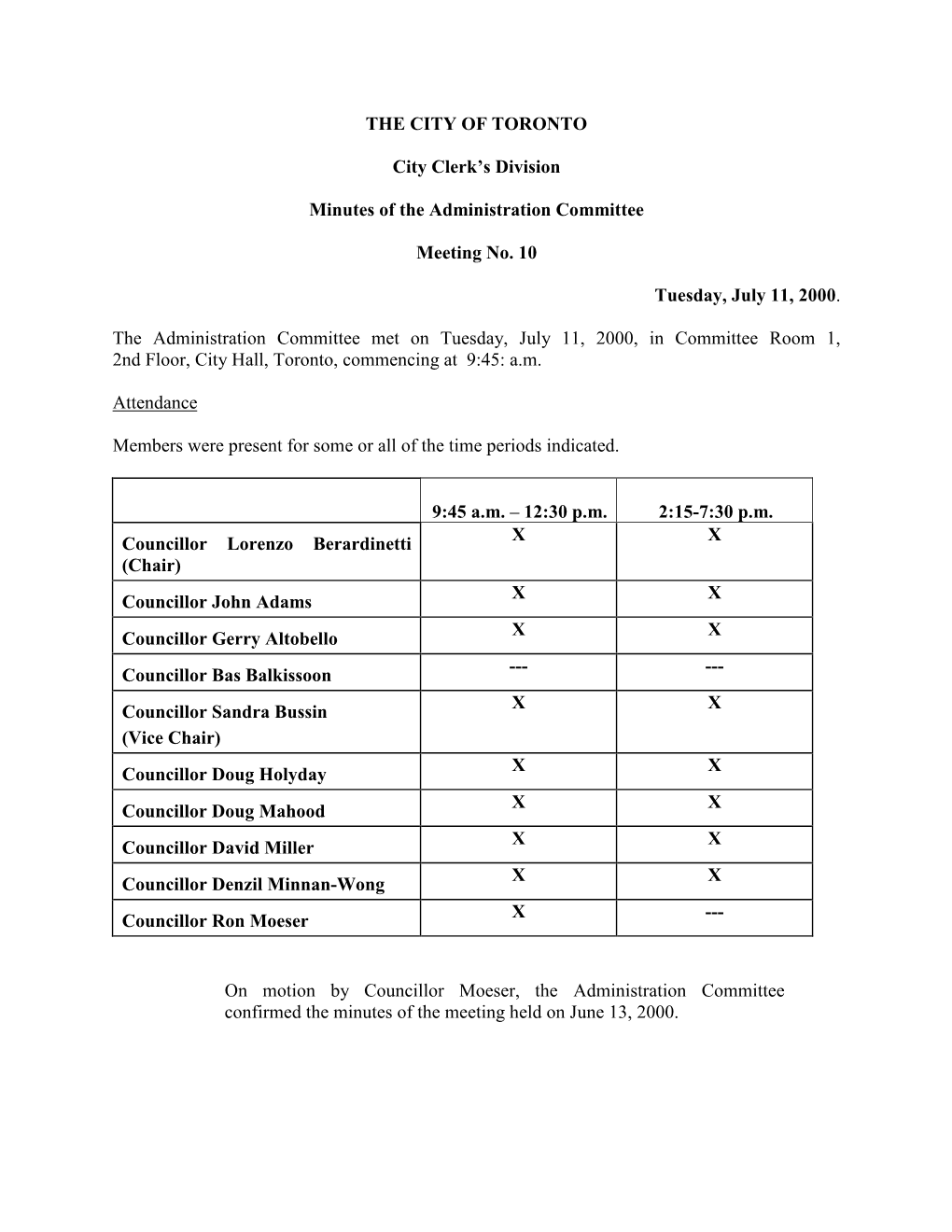 Minutes of the Administration Committee