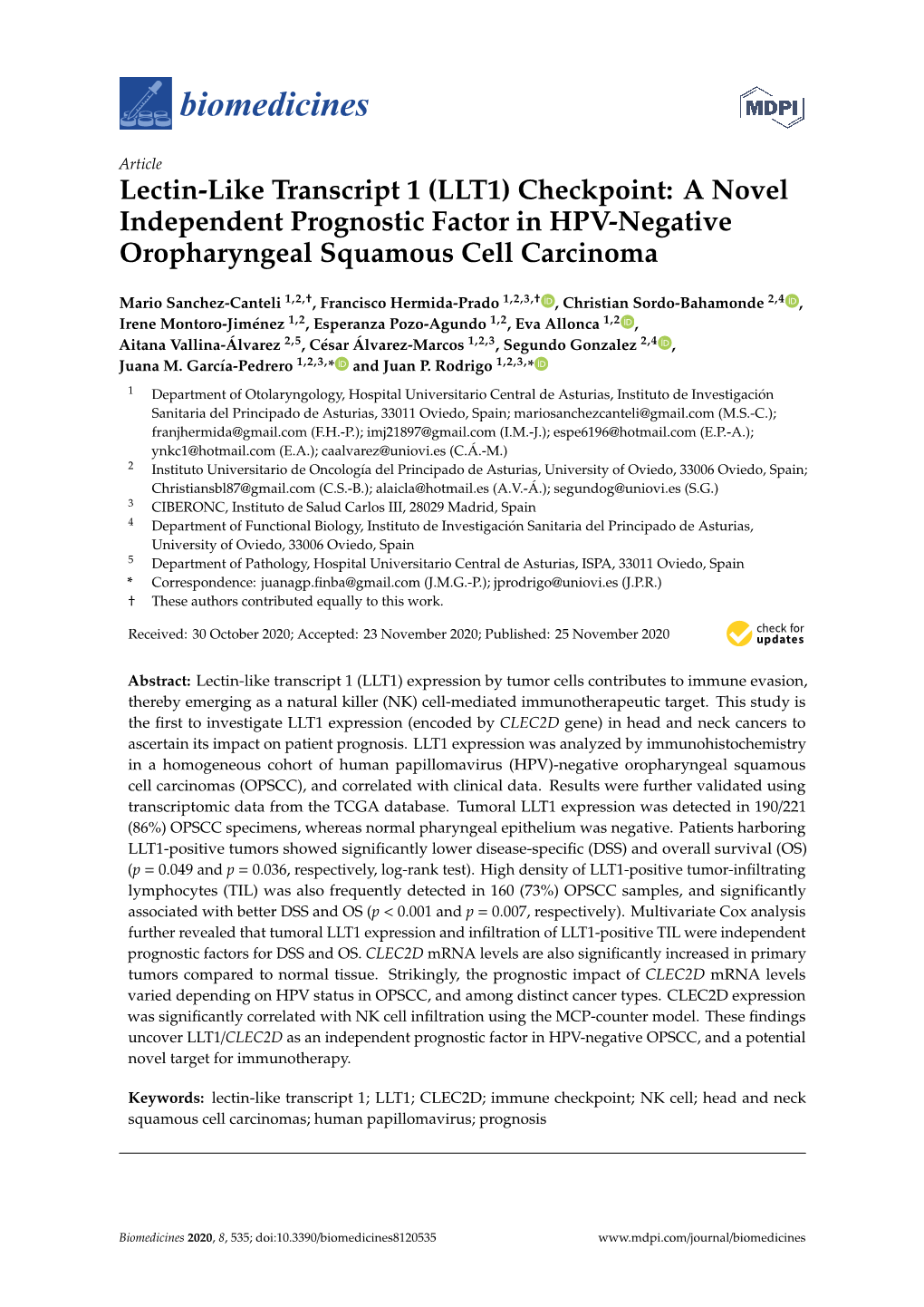 LLT1) Checkpoint: a Novel Independent Prognostic Factor in HPV-Negative Oropharyngeal Squamous Cell Carcinoma