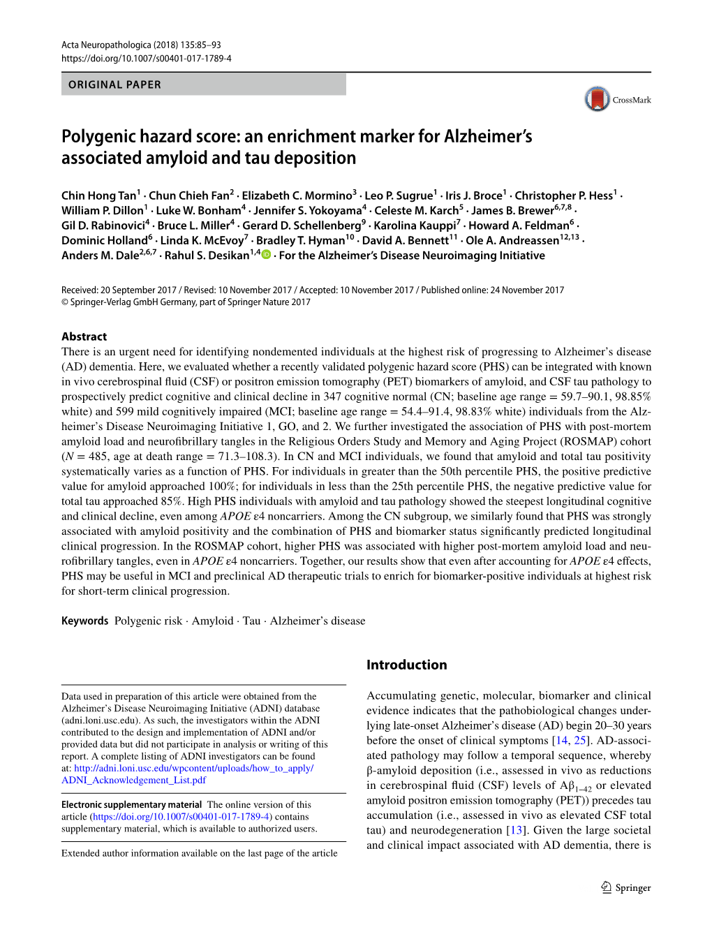 Polygenic Hazard Score: an Enrichment Marker for Alzheimer's Associated Amyloid and Tau Deposition
