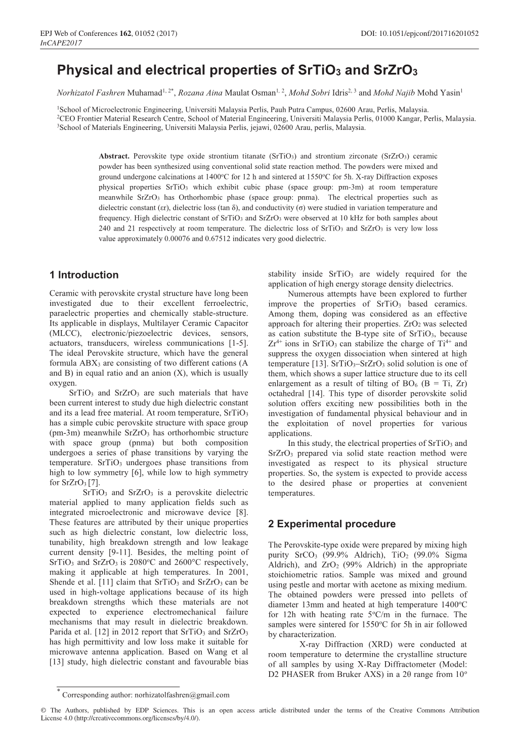 Physical and Electrical Properties of Srtio3 and Srzro3