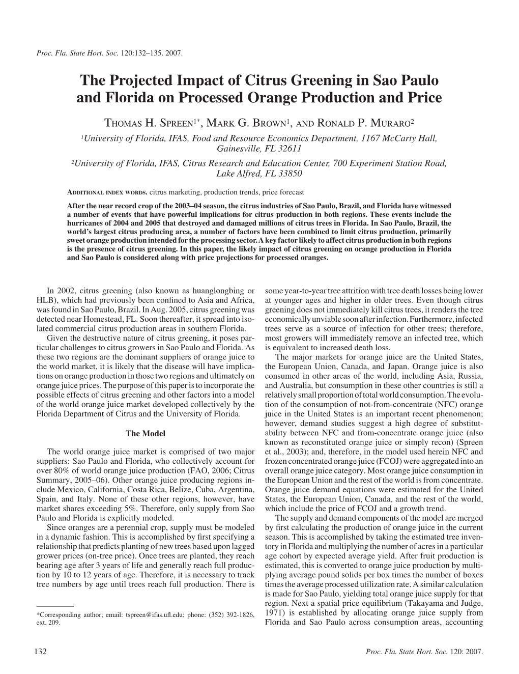 The Projected Impact of Citrus Greening in Sao Paulo and Florida on Processed Orange Production and Price