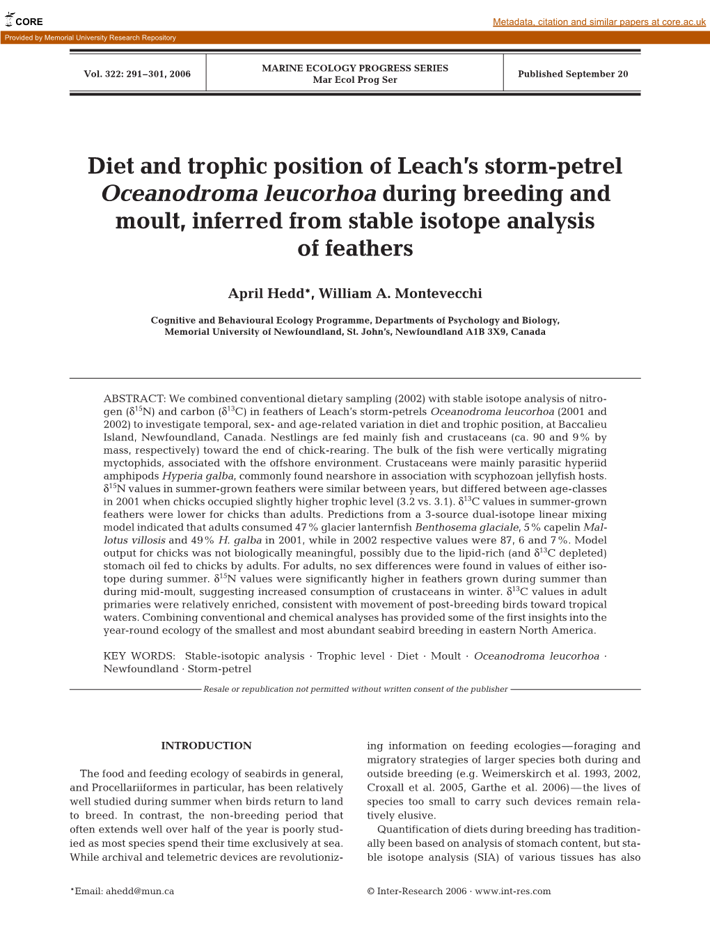 Diet and Trophic Position of Leach's Storm-Petrel Oceanodroma