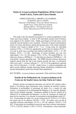 Status of Acropora Palmata Populations Off the Coast of South Caicos, Turks and Caicos Islands