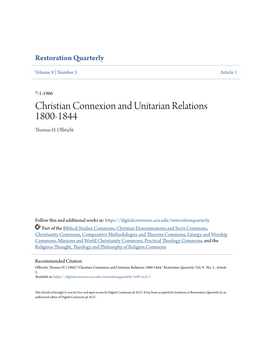 Christian Connexion and Unitarian Relations 1800-1844 Thomas H