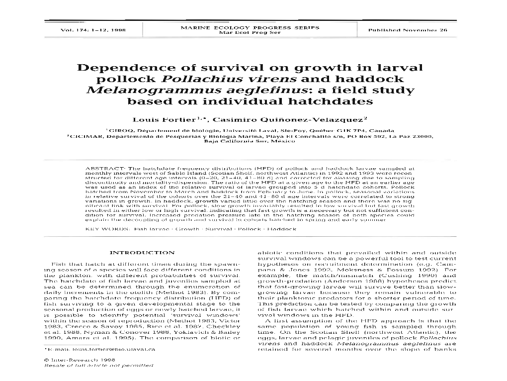 Pollock Pollachius Virens and Haddock Melanogrammus Aeglefinus: a Field Study Based on Individual Hatchdates