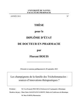 THÈSE Pour Le DIPLÔME D'état DE DOCTEUR EN PHARMACIE Par Florent HOUIS