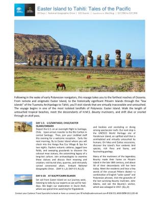 Easter Island to Tahiti: Tales of the Pacific 20 Days | National Geographic Orion | 102 Guests | Expeditions In: Mar/Aug | $17,990 to $37,990