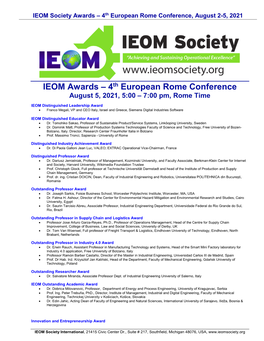 IEOM Awards – 4Th European Rome Conference August 5, 2021, 5:00 – 7:00 Pm, Rome Time