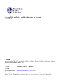 Necrophilia and Elite Politics: the Case of Nigeria Adebanwi, W