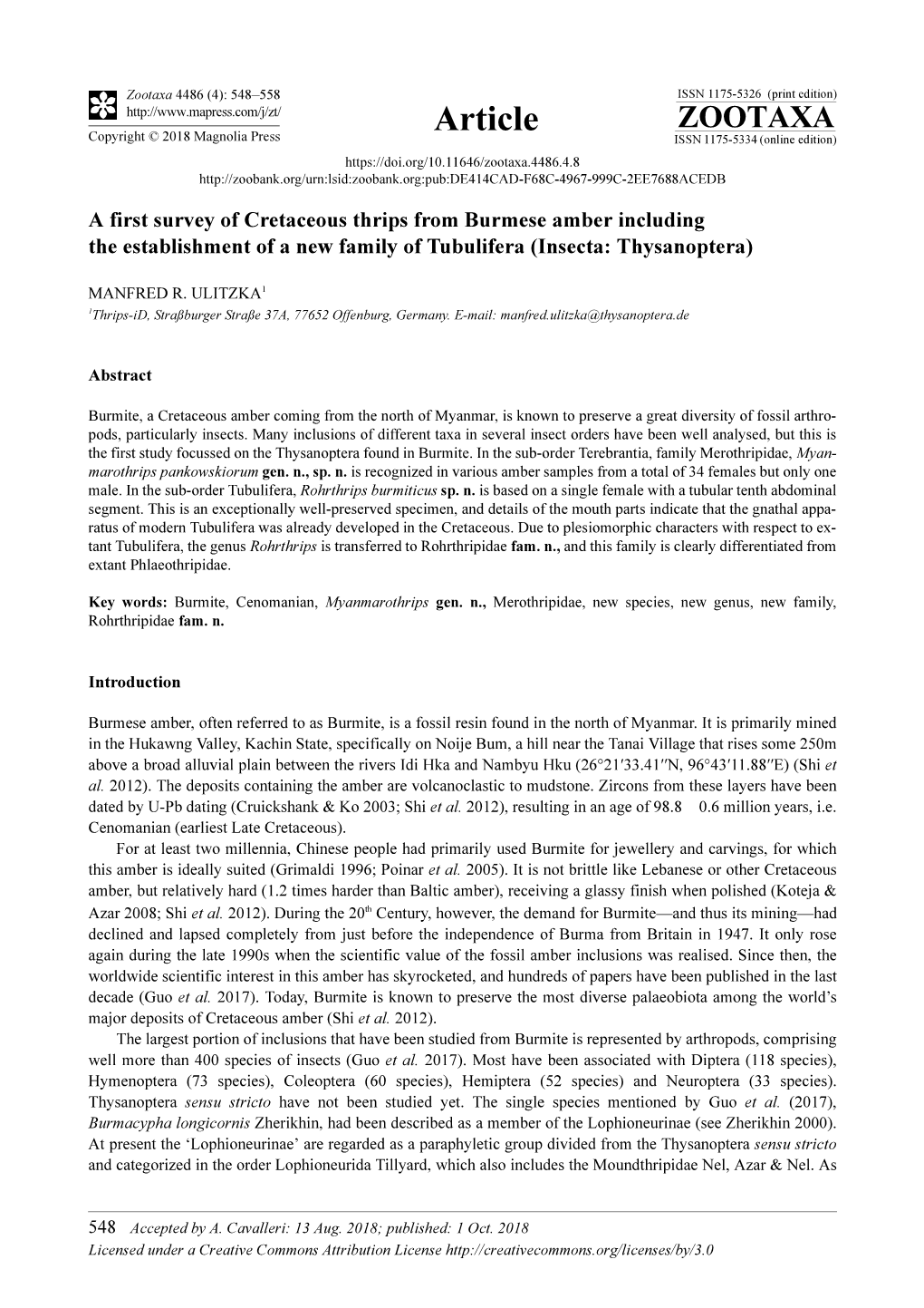 A First Survey of Cretaceous Thrips from Burmese Amber Including the Establishment of a New Family of Tubulifera (Insecta: Thysanoptera)