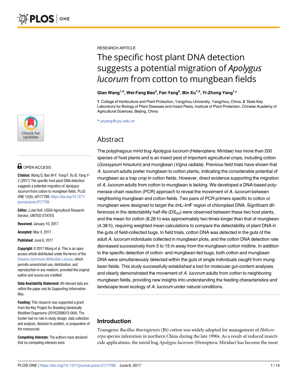 The Specific Host Plant DNA Detection Suggests a Potential Migration of Apolygus Lucorum from Cotton to Mungbean Fields