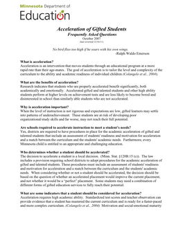 Acceleration of Gifted Students Frequently Asked Questions October 2007 (Last Reviewed 12/16/11)