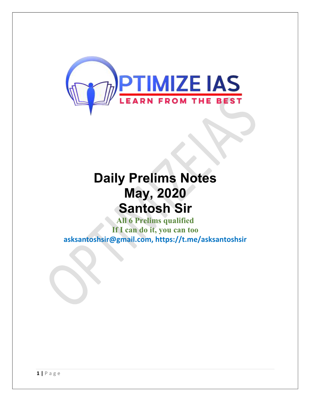 Daily Prelims Notes May, 2020 Santosh Sir All 6 Prelims Qualified If I Can Do It, You Can Too Asksantoshsir@Gmail.Com