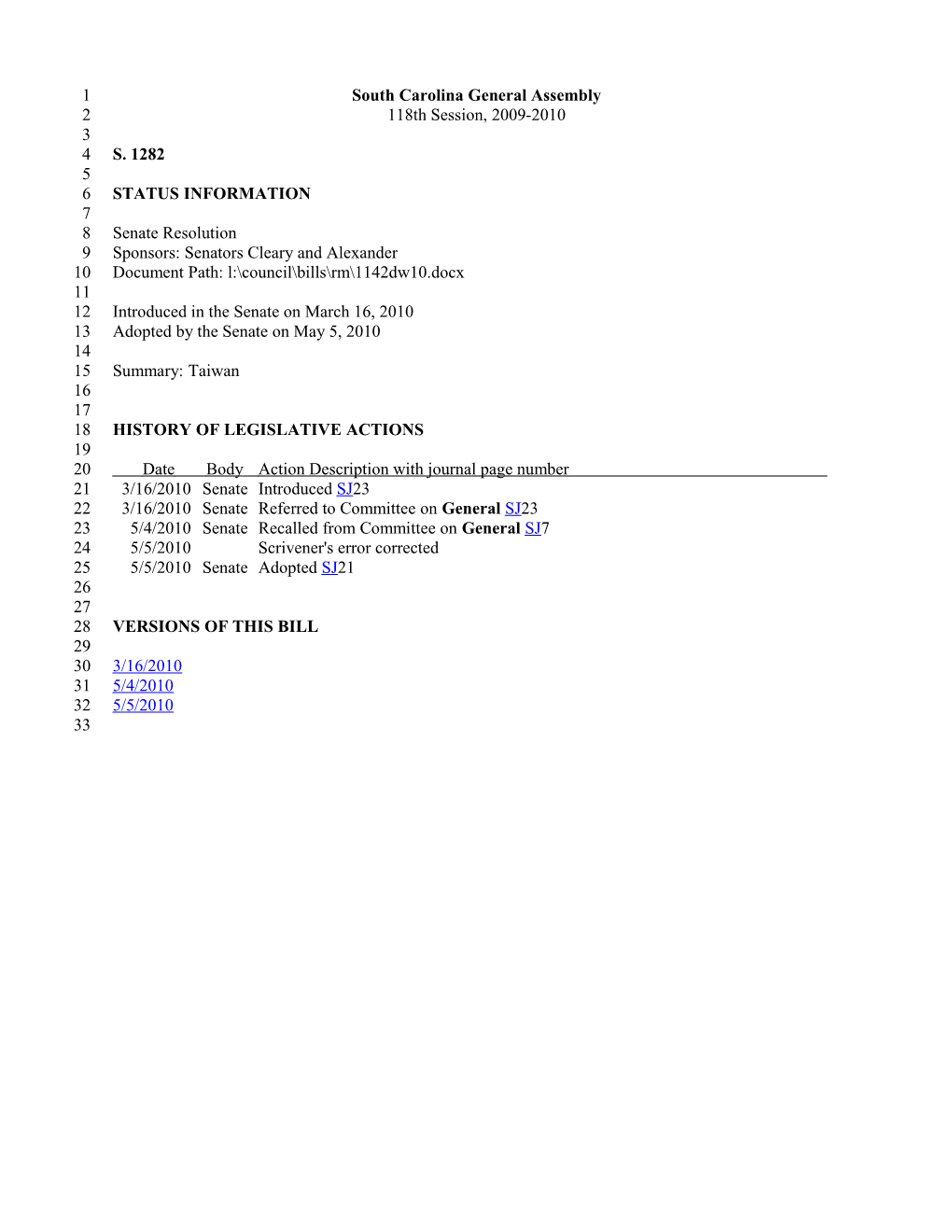 2009-2010 Bill 1282: Taiwan - South Carolina Legislature Online