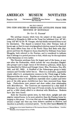 AMERICAN MUSEUM NOVITATES Published by Number 716 Teu Amzrican Musegumnew Yorkofcitynatural HISTORY May 2, 1934
