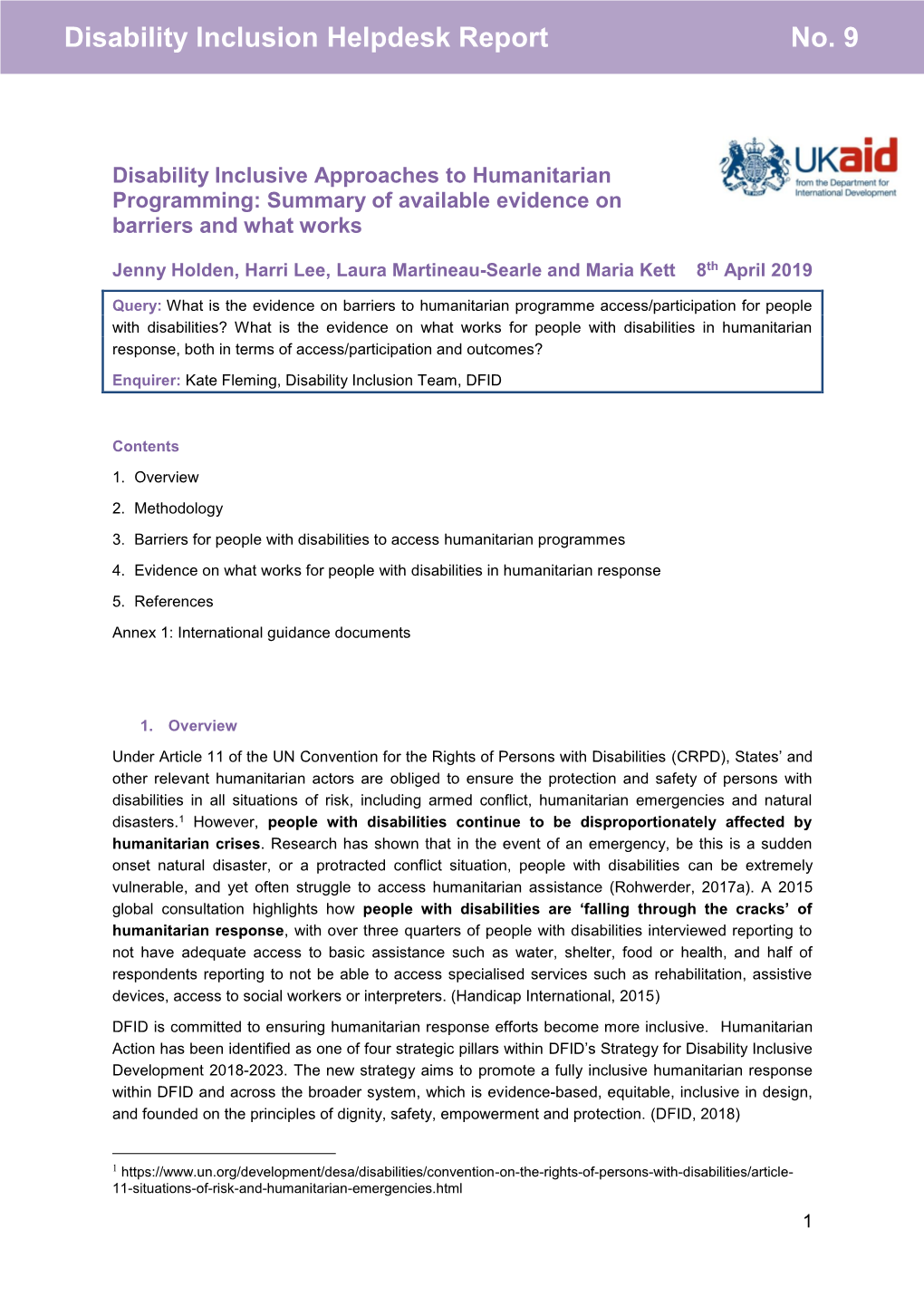 Disability Inclusive Approaches to Humanitarian Programming: Summary of Available Evidence on Barriers and What Works