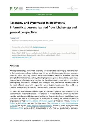 Taxonomy and Systematics in Biodiversity Informatics: Lessons Learned from Ichthyology and General Perspectives