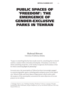 Public Spaces of ‘Freedom’: the Emergence of Gender-Exclusive Parks in Tehran