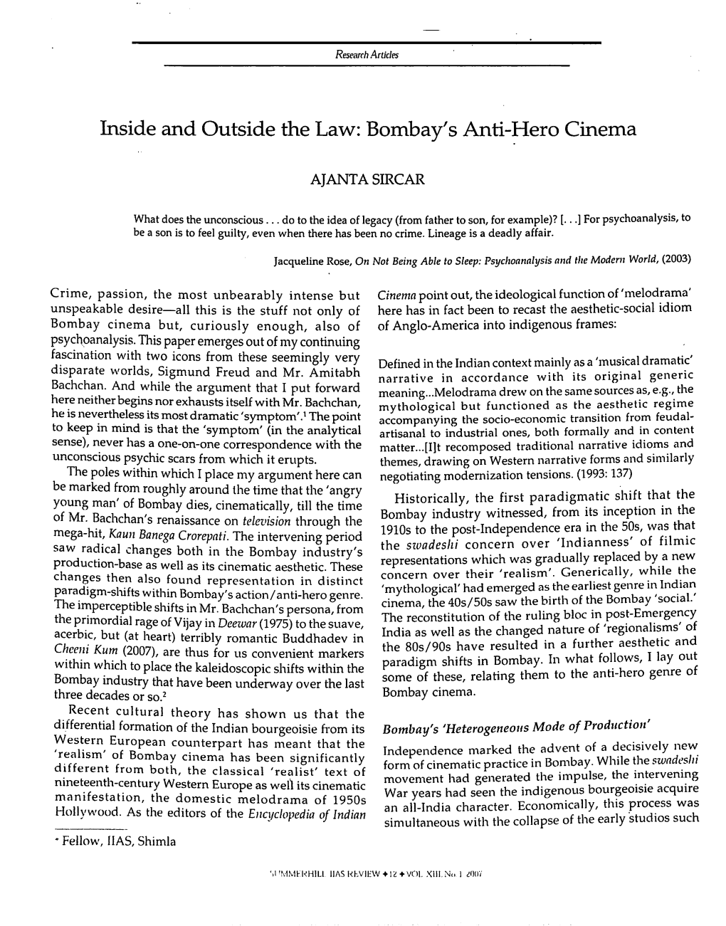 Inside and Outside the Law: Bombay's Anti-~Ero Cinema