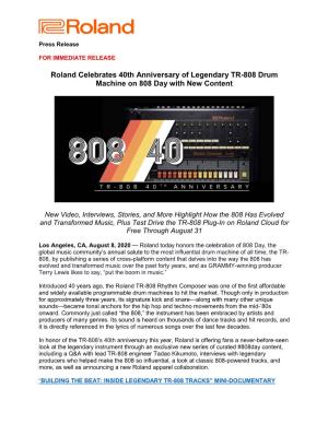 Roland Celebrates 40Th Anniversary of Legendary TR-808 Drum Machine on 808 Day with New Content