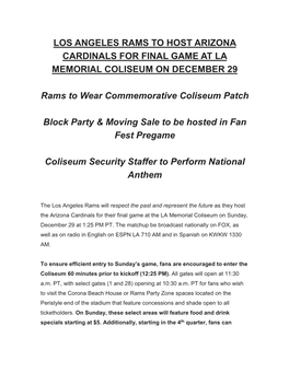 LOS ANGELES RAMS to HOST ARIZONA CARDINALS for FINAL GAME at LA MEMORIAL COLISEUM on DECEMBER 29 Rams to Wear Commemorative Coli