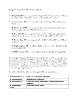 Changes in Composition of the Shadow Cabinet Mr Clyde Puli MP