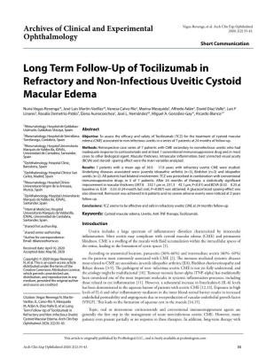 Long Term Follow-Up of Tocilizumab in Refractory and Non-Infectious Uveitic Cystoid Macular Edema