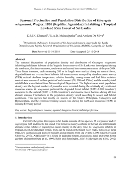 Seasonal Fluctuation and Population Distribution of Otocryptis Wiegmanni, Wagler, 1830 (Reptilia: Agamidae) Inhabiting a Tropical Lowland Rain Forest of Sri Lanka