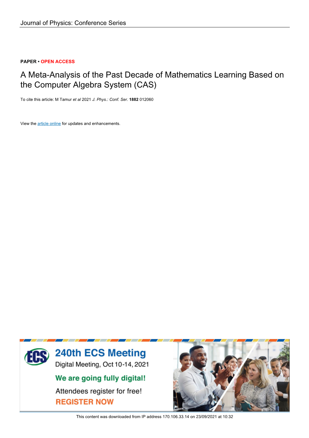 A Meta-Analysis of the Past Decade of Mathematics Learning Based on the Computer Algebra System (CAS)