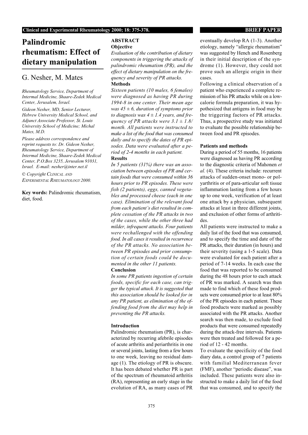 Palindromic Rheumatism (PR), and the Drome (1)