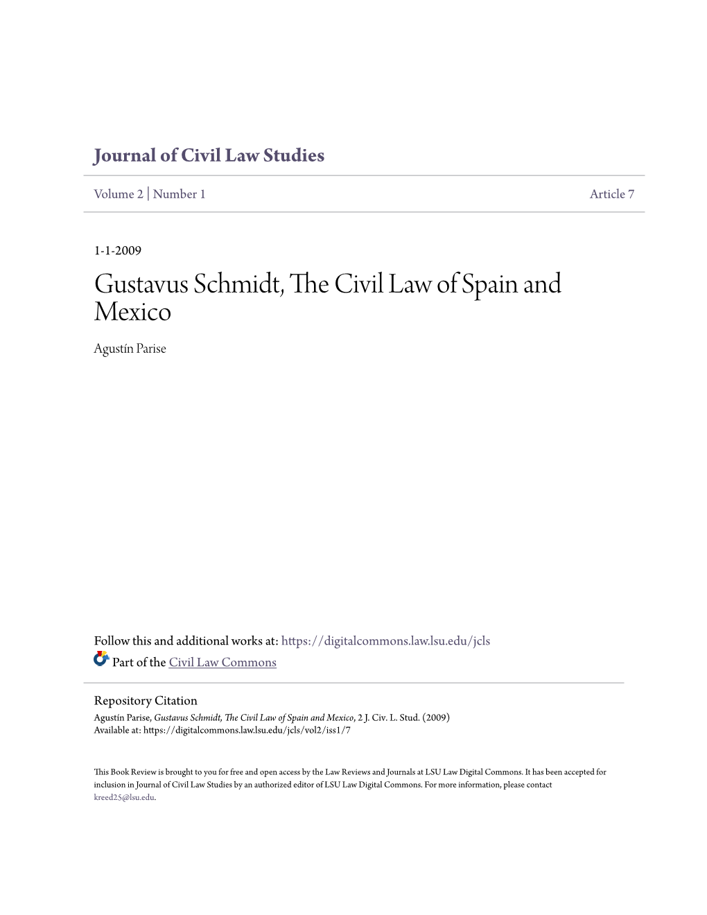 Gustavus Schmidt, the Civil Law of Spain and Mexico, 2 J