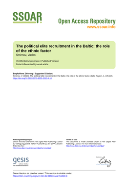 The Political Elite Recruitment in the Baltic: the Role of the Ethnic Factor Smirnov, Vadim