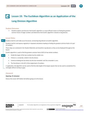 Lesson 19: the Euclidean Algorithm As an Application of the Long Division Algorithm