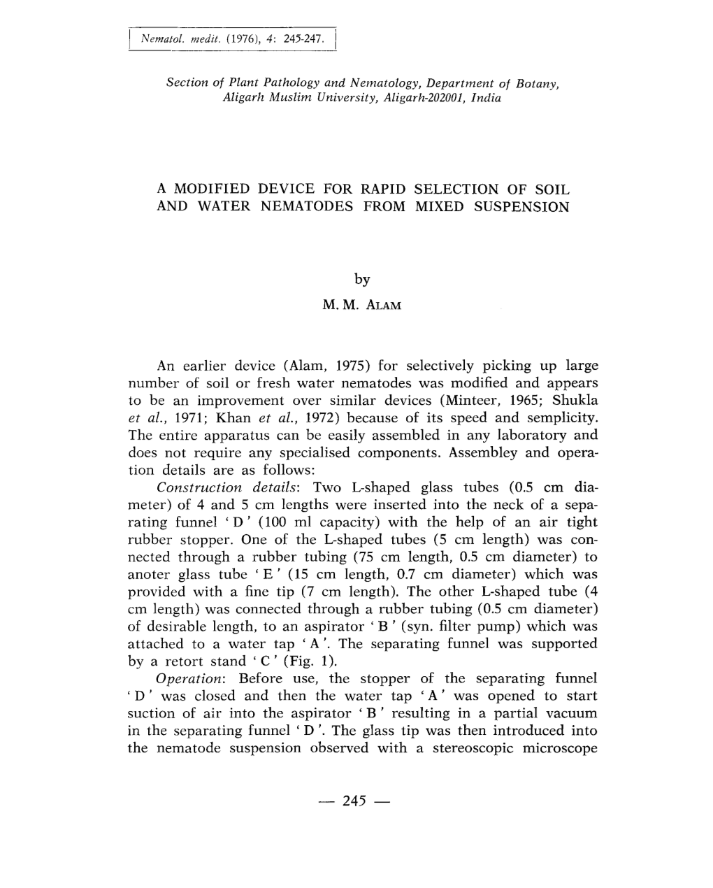 A Modified Device for Rapid Selection of Soil and Water Nematodes from Mixed Suspension